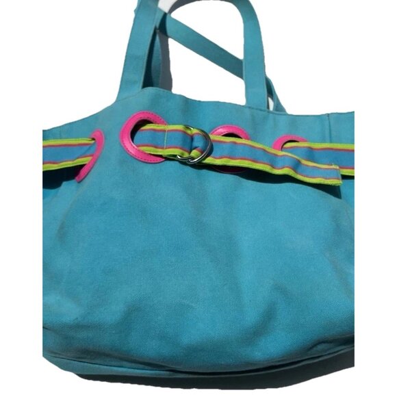 Vintage Polo Ralph Lauren Summer Canvas Tote Bag Purse Pink/Fuchsia & Blue - Picture 1 of 16